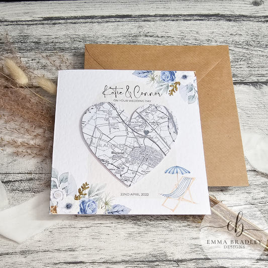Beach Blue & Gold Glitter Heart Location Map