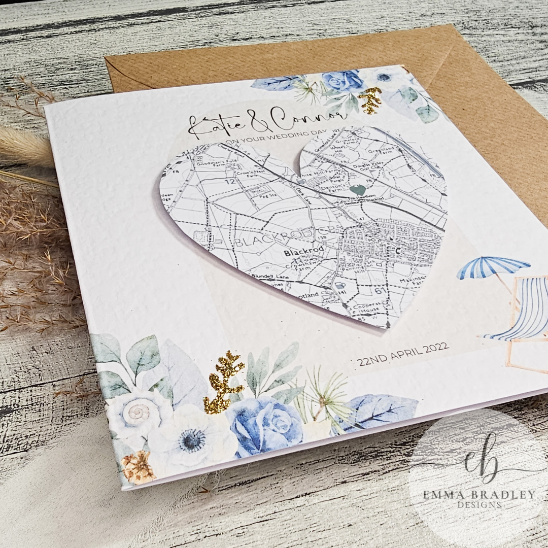 Beach Blue & Gold Glitter Heart Location Map