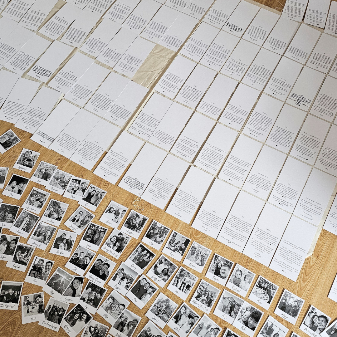 DL Black and White Personalised Place Cards, Attached Polaroid Photo with Paperclip