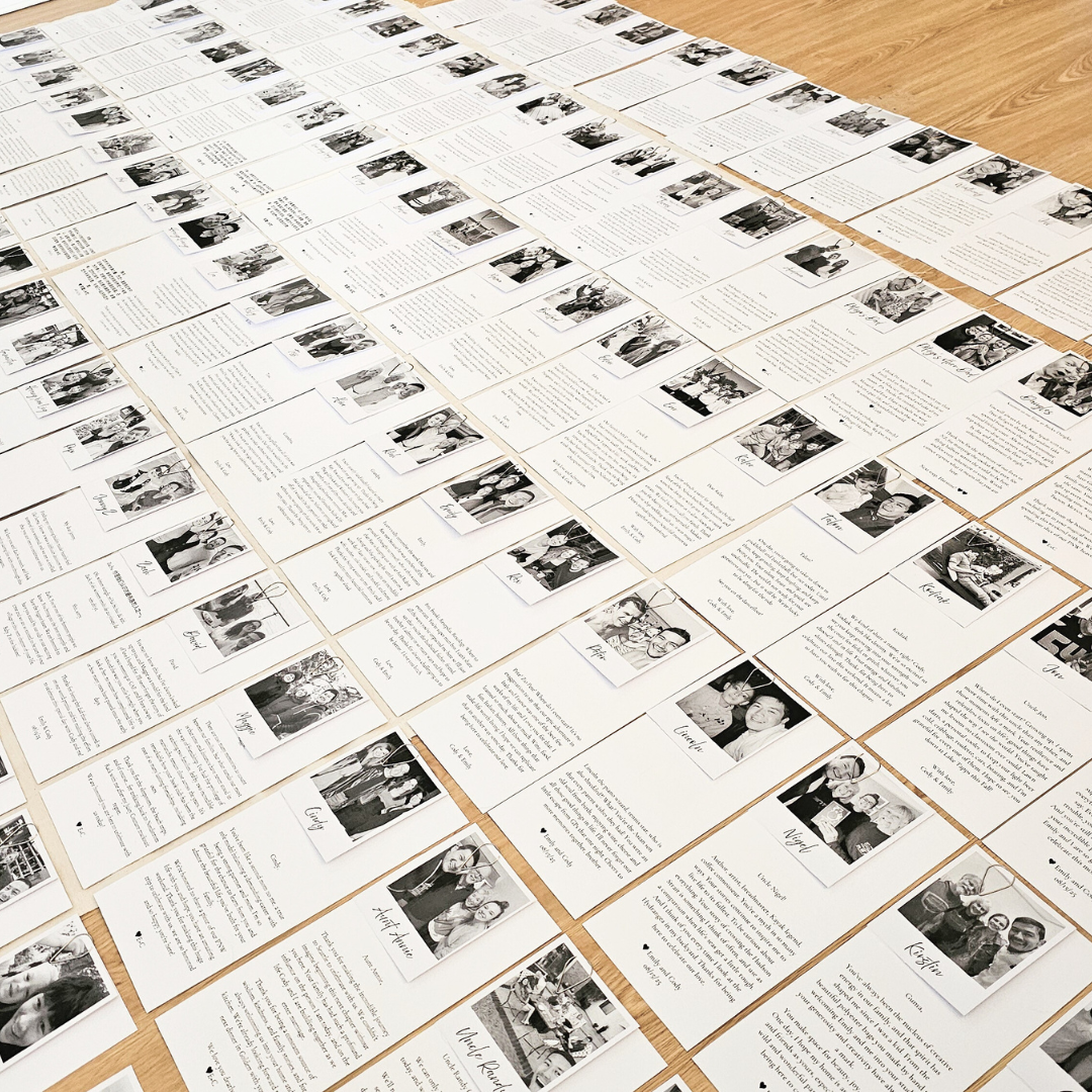 DL Black and White Personalised Place Cards, Attached Polaroid Photo with Paperclip