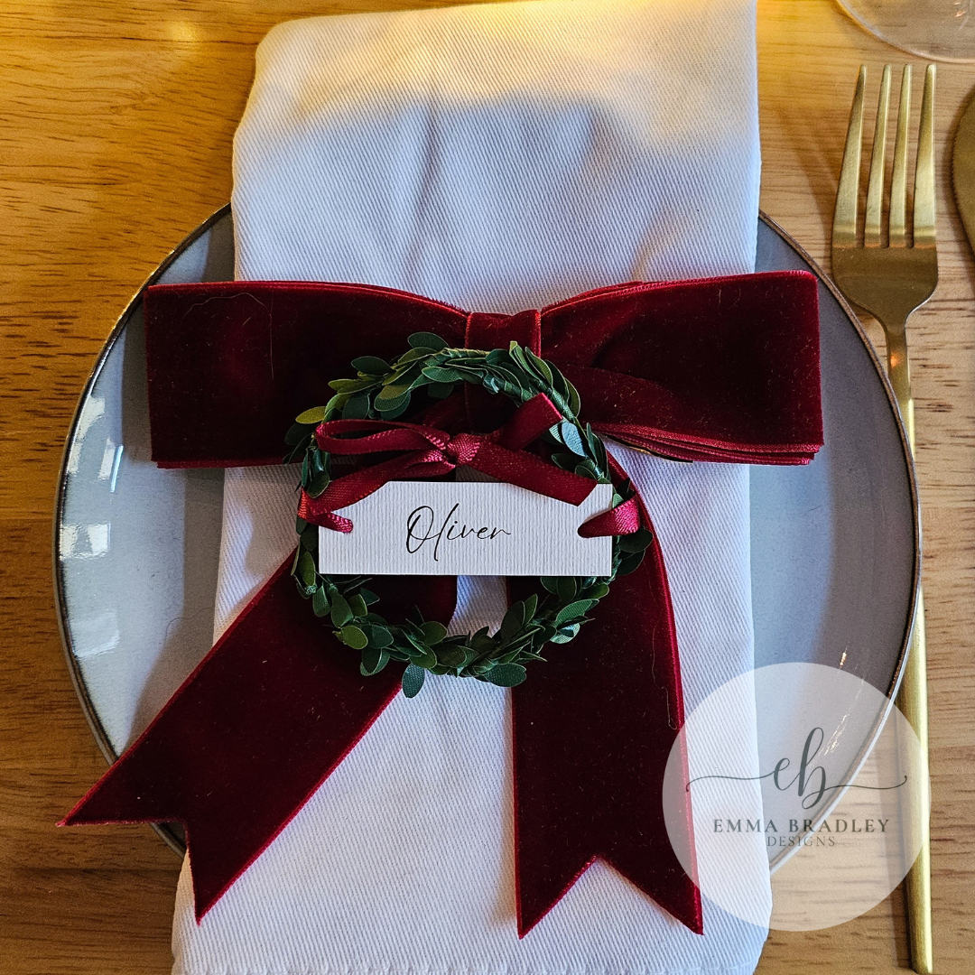 Classic, Delicate Burgundy Ribbon Wreath Place Settings