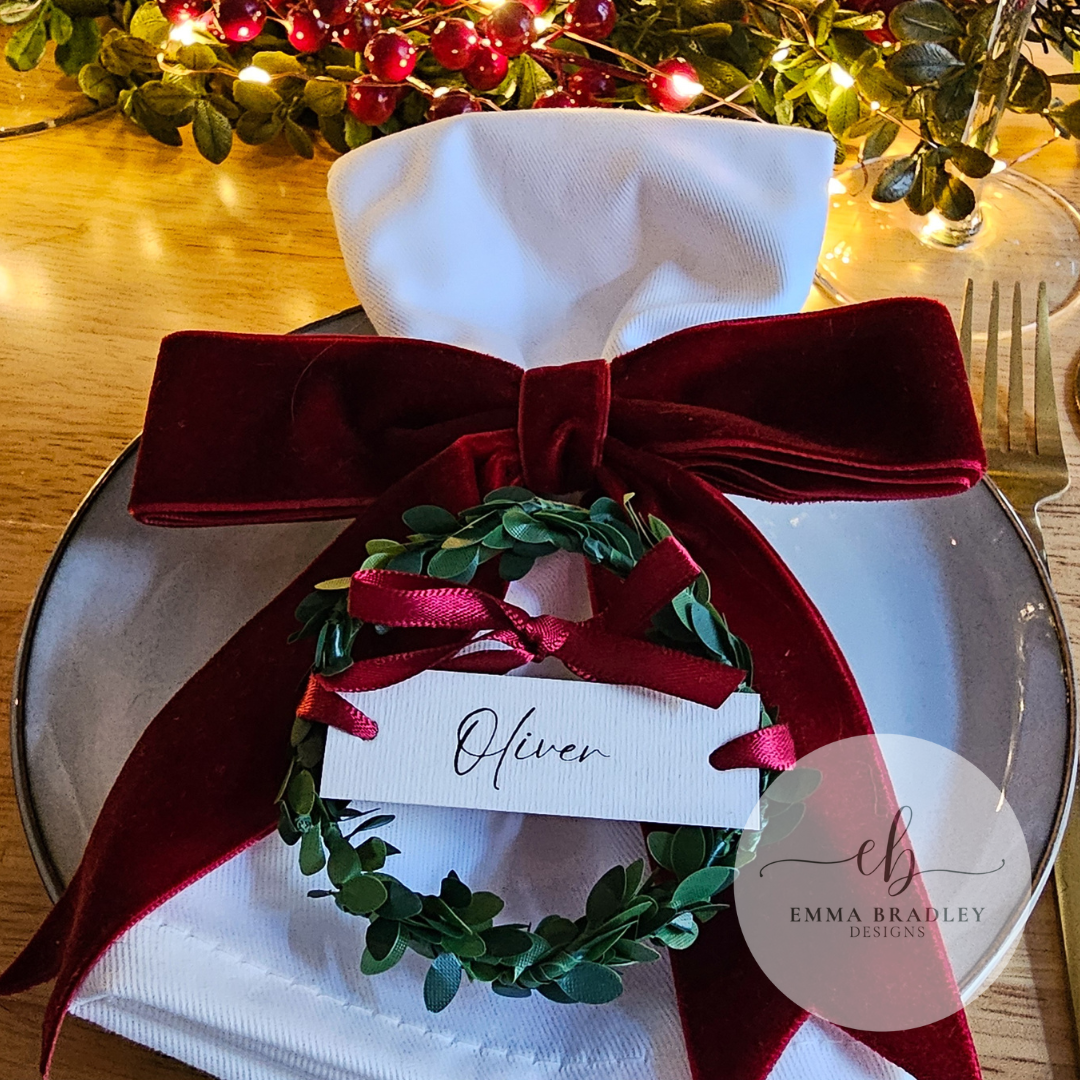 Classic, Delicate Burgundy Ribbon Wreath Place Settings
