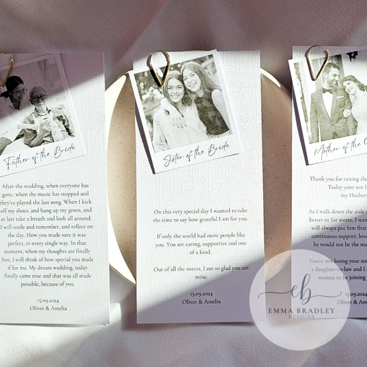 DL Black and White Personalised Place Cards, Attached Polaroid Photo with Paperclip