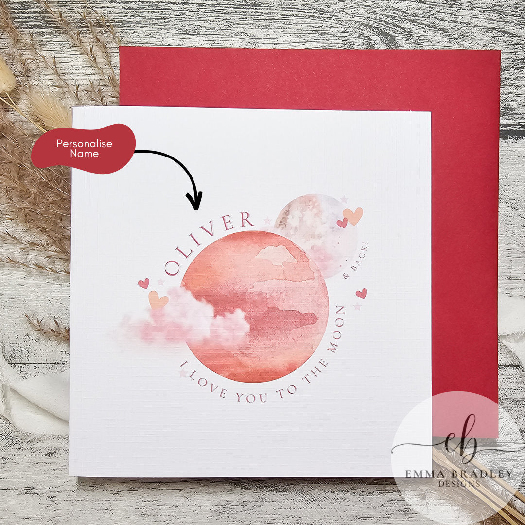 VALENTINE'S DAY Anniversary Wedding Engagement Planet 'Love You To The Moon' Card with Red Pink OR Brown Envelope & Option Wax Seal