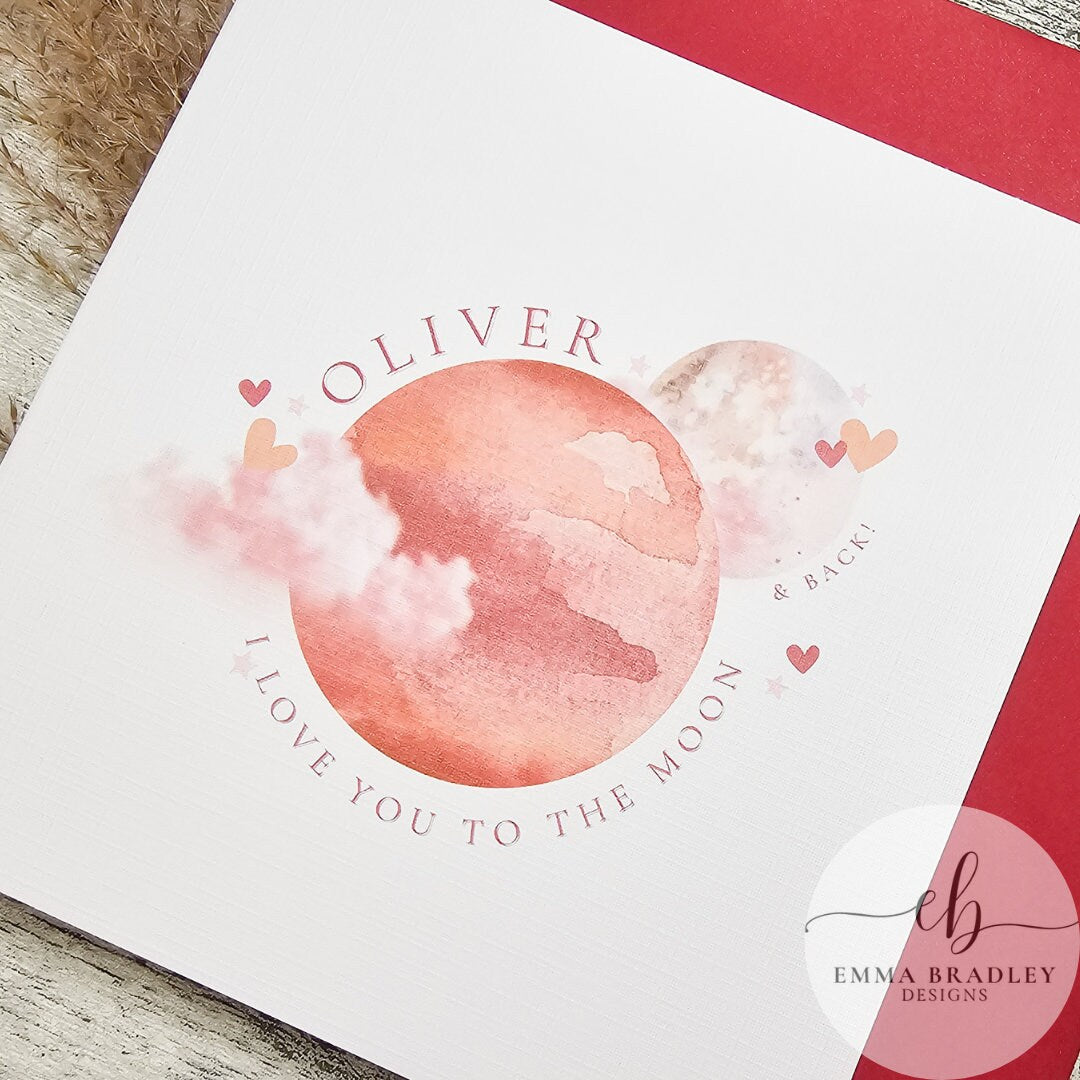 VALENTINE'S DAY Anniversary Wedding Engagement Planet 'Love You To The Moon' Card with Red Pink OR Brown Envelope & Option Wax Seal