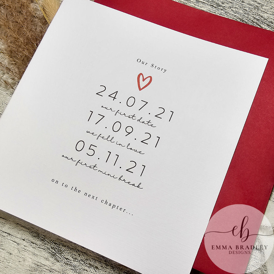 VALENTINE'S DAY Anniversary Wedding Engagement Date Love Story Card with Red Pink OR Brown Envelope & Option Wax Seal