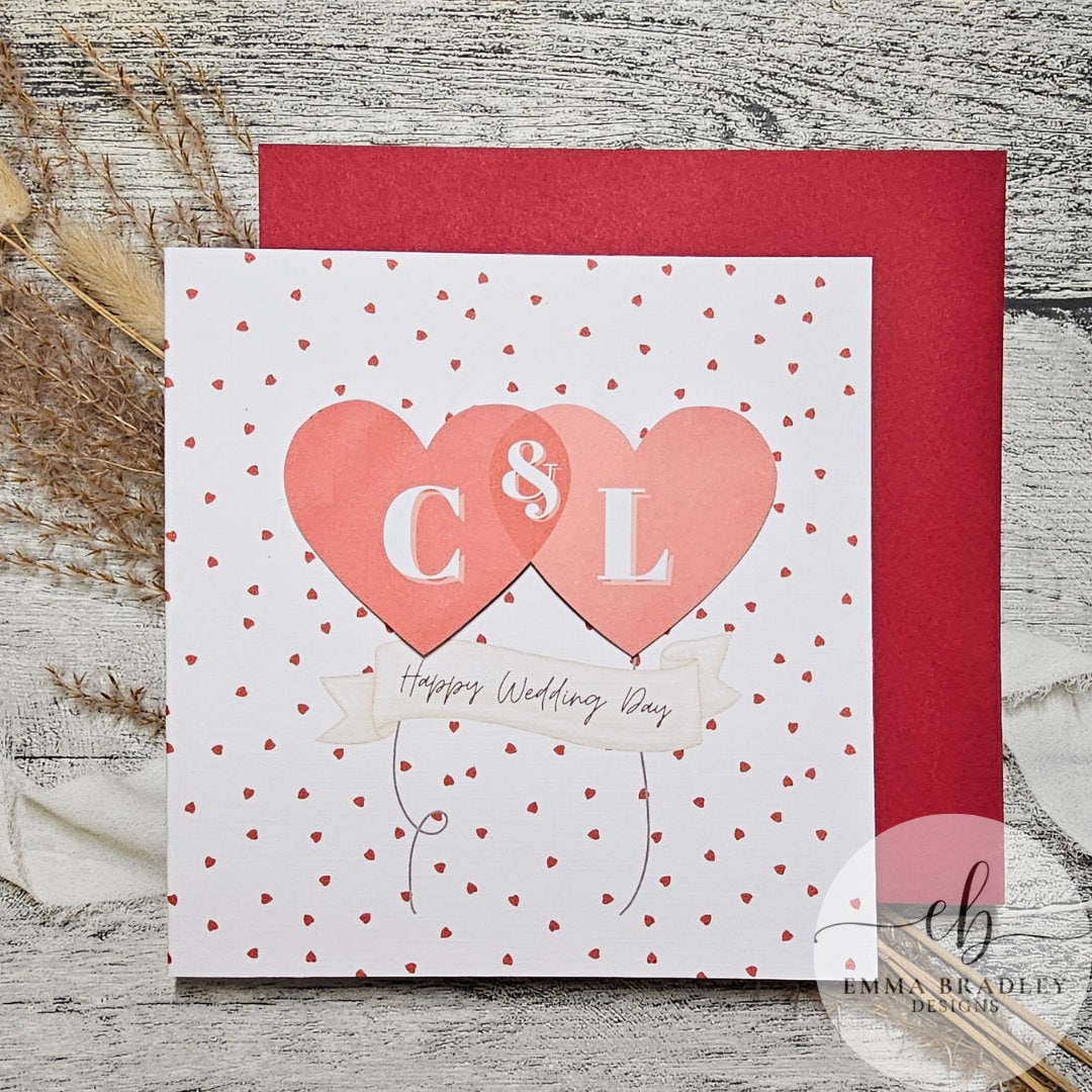 VALENTINE'S DAY Anniversary Wedding Engagement 3D Balloons Initials with Red Pink OR Brown Envelope & Option Wax Seal