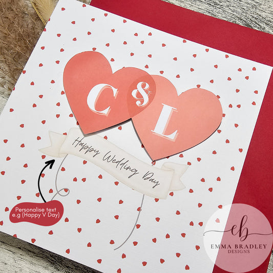 VALENTINE'S DAY Anniversary Wedding Engagement 3D Balloons Initials with Red Pink OR Brown Envelope & Option Wax Seal